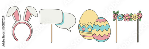 Cute set of Easter photo booth props including bunny ears, decorated eggs, blank signs, and a floral banner for a fun spring holiday celebration party