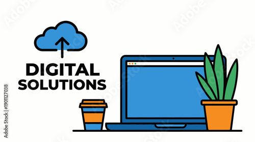 Digital Solutions Cloud Computing Concept Vector Illustration. Technology, Remote Work, Data Transfer, Laptop Workstation, Modern Design.