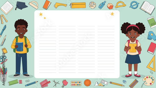 Engaging school timetable or planner template for children, featuring a diverse boy and girl student surrounded by various school supplies.