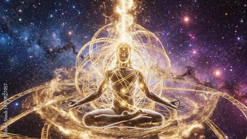 Man meditating in space with golden energy aura around body