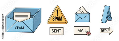 Email communication icon set with a spam folder, warning sign, sent message, mail envelope, reply arrow, and attachment clip in a simple doodle illustration style
