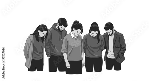 Group of People Standing with Bowed Heads in Silence.