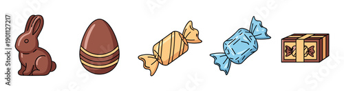 Collection of illustrated Easter chocolate sweets including a brown bunny, a striped egg, colorful wrapped candies, and a gift box in a simple cartoon style for holiday celebration