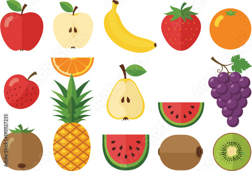Vector illustration set of various fresh fruits featuring apple, banana, strawberry, orange, pineapple, and grapes in a flat design style