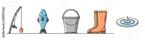 Set of colorful fishing icons including a rod, fish, bucket, rubber boot, and water ripple, depicted in a clean, flat line art style for hobby or outdoor concepts