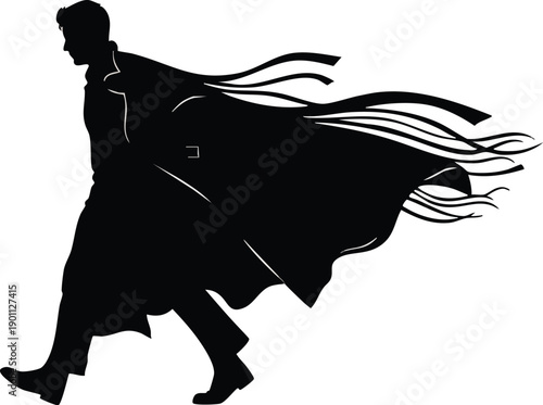 A superhero in silhouette is running with a cape flowing behind him on transparent background
