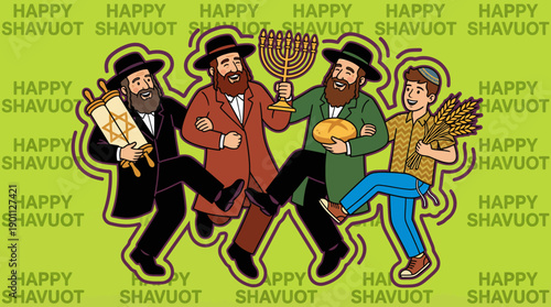 Happy Shavuot Illustration. Joyful Jewish Men Dancing with Torah, Menorah, Bread, and Wheat. Holiday Celebration Vector Art.