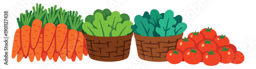 Flat style vegetable set featuring carrots, lettuce, and tomatoes for grocery shopping and healthy food concepts