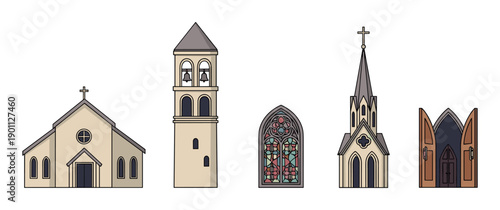 Collection of Christian church architectural elements including a chapel, bell tower, stained glass window, cathedral, and open doors, rendered in a flat vector illustration style
