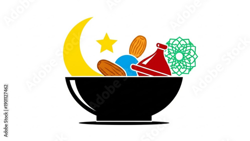 Ramadan food and drink illustration with crescent moon and star iftar concept with dates water bottle and lantern