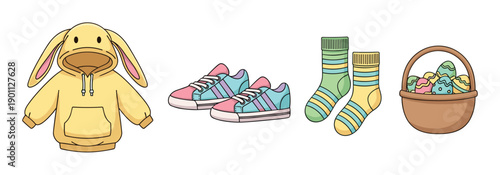 Set of cute cartoon Easter illustrations featuring a yellow bunny hoodie, colorful sneakers, striped socks, and a basket of decorated eggs for a festive spring holiday