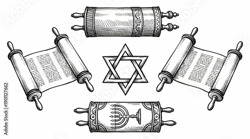 Hand-Drawn Jewish Symbols Set: Torah Scrolls, Star of David, and Menorah Sketch. Vintage Black & White Engraving Style Line Art.