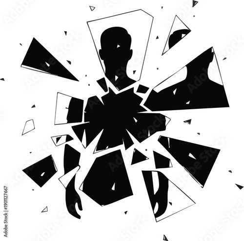 A silhouette of a man is shattered into pieces on a transparent background