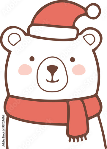 A cheerful cartoon bear wearing a red Santa hat and a matching scarf.