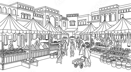 Traditional Indian Market Bazaar Line Art Illustration, Street Scene with People and Architecture.
