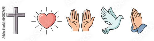 Set of five religious Christian icons showing a cross, a shining heart, open palms, a flying dove, and hands clasped in prayer, drawn in a simple cartoon outline style