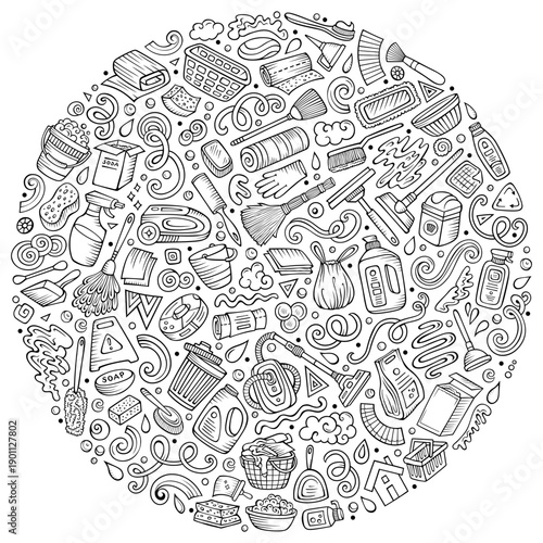 Sketchy vector set of Cleaning cartoon doodle objects, symbols and items. Round composition