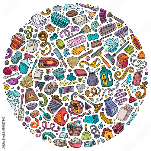 Colorful vector set of Cleaning cartoon doodle objects, symbols and items. Round composition