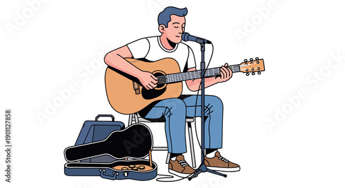 Male musician sitting and playing acoustic guitar with microphone.