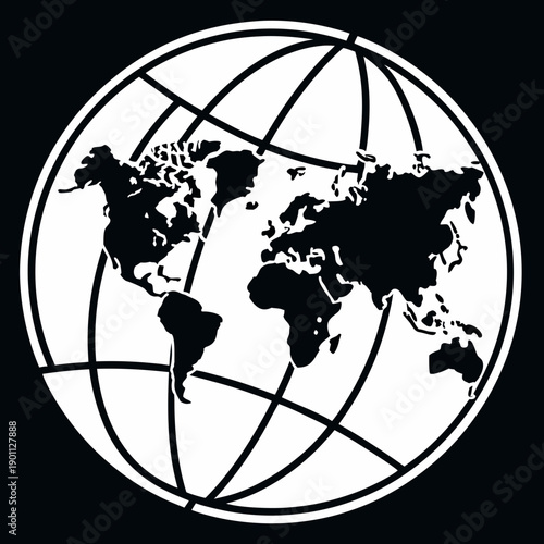 3D vector illustration of a global world map and globe on a black background featuring Earth's continents for travel, business technology, and geography design