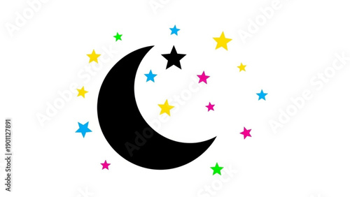 Colorful crescent moon and stars on white background symbolizing night sky and magic for design and decoration
