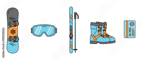 Winter sports equipment set including a snowboard, skis, boots, goggles, and a ski pass in a flat cartoon illustration style with blue and orange colors for mountain recreation