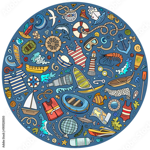 Colorful vector set of Marine cartoon doodle objects, symbols and items. Round composition