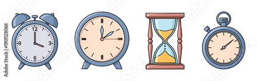 Collection of four illustrated timekeeping devices including an alarm clock, desk clock, hourglass, and stopwatch in a simple, colorful cartoon style with bold black outlines