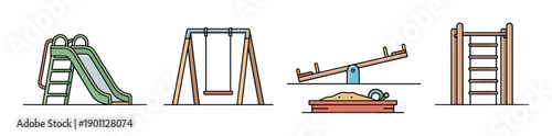 Playground equipment icon set with a slide, swing, seesaw, sandbox, and climbing ladder in a simple flat line art style for children's recreation and outdoor activity concepts