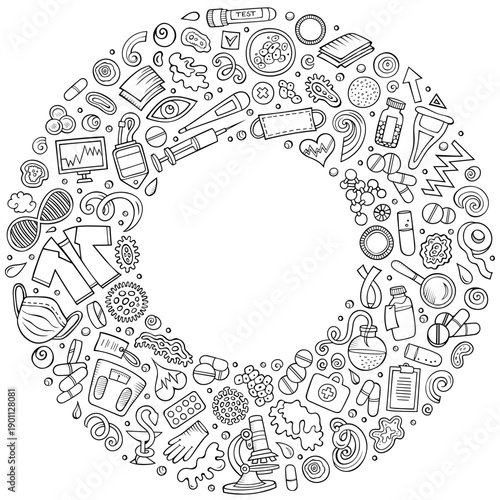 Sketchy vector set of medicine cartoon doodle objects, symbols and items. Round frame composition