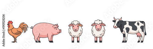 Collection of cute cartoon farm animals including a rooster, pig, sheep, and cow standing in a row, drawn in a simple, colorful, and friendly illustrative style for children