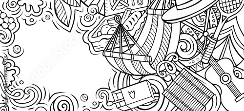 Picnic hand drawn doodle banner. Cartoon vector detailed flyer. Illustration with camp objects and symbols. Sketchy vertical background