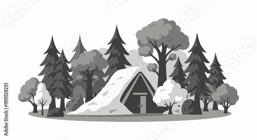 Cozy A-frame cabin in snowy pine forest illustration.
