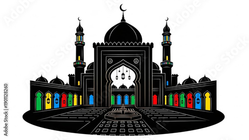 Vibrant mosque architecture with colorful doors and minarets at dusk islamic cultural symbol