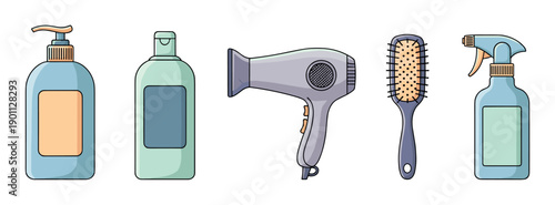 Hair care and styling product collection with a hairdryer, brush, shampoo, conditioner, and spray bottle illustrated in a simple, flat cartoon vector style