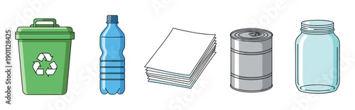 Recyclable waste items including a bin, plastic bottle, paper, metal can, and glass jar for sorting, shown in a clean, colorful illustration style for environmental concepts