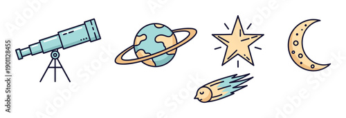 Set of cute astronomy and space icons featuring a telescope, a ringed planet, a shining star, a crescent moon, and a comet, drawn in a simple cartoon line art style