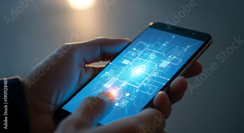 Wallpaper Mural Hand holding smartphone with glowing blue circuit board in dark room with spotlight for technology Torontodigital.ca