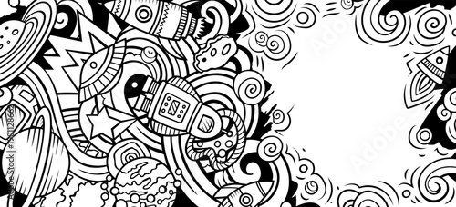 Space hand drawn doodle banner. Cartoon illustrations. Cosmic identity with objects and symbols. Sketchy vector design elements background
