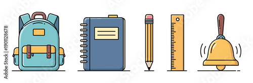 Set of colorful school supplies including a backpack, notebook, pencil, ruler, and ringing bell in a flat design illustration with bold outlines representing education and learning