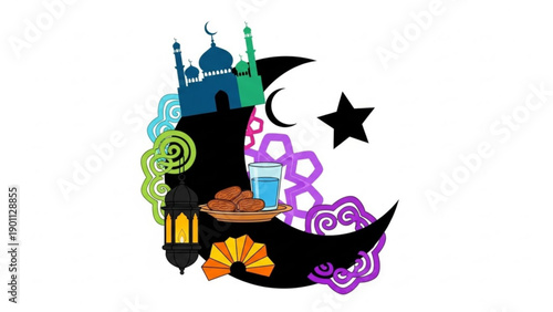 Ramadan kareem illustration with mosque lantern dates and crescent moon on white background symbolizing islamic holy month of fasting and celebration