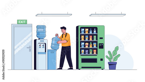 Office breakroom scene shows a male employee replacing a large water jug on a cooler next to a green snack vending machine and exit.