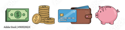 Set of financial icons including banknotes, coins, a wallet with a credit card, and a piggy bank, representing savings, payment, and wealth in a simple cartoon illustration style