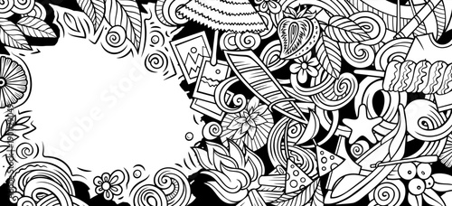 Summer hand drawn doodle banner. Cartoon vector detailed flyer. Illustration with summertime objects and symbols. Sketchy background