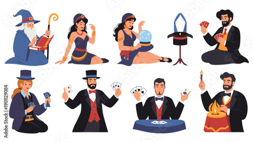 Magical performers set includes a wizard, fortune teller, and several magicians demonstrating tricks with cards, fire, and top hats.