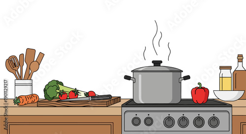 Kitchen counter with cooking pot on stove and vegetables.