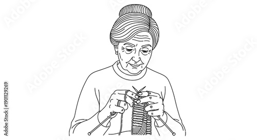 Senior woman knitting with wool needles hobby.