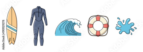Set of colorful surfing and watersport icons featuring a surfboard, wetsuit, ocean wave, lifebuoy, and water splash in a fun cartoon style illustration