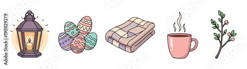 Set of five cozy spring icons including a glowing lantern, decorated Easter eggs, a folded blanket, a steaming mug, and a budding branch in a cute cartoon style