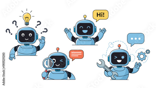 Collection of cartoon robots displaying various emotions and actions, including thinking, happiness, searching, and maintenance tasks.